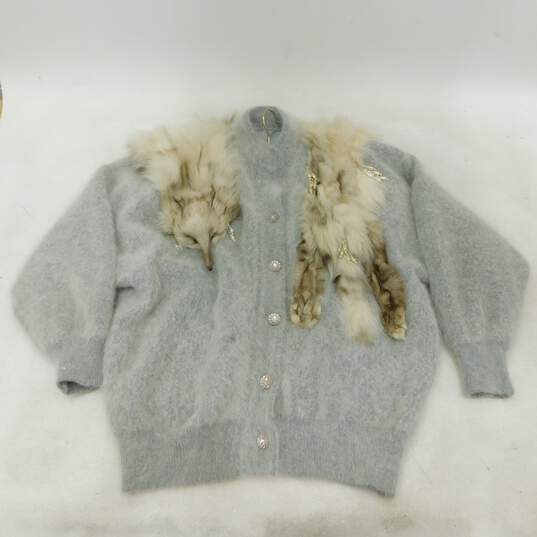 Vintage Cashmere Style Sweater W/ Fox Fur Head Tail Body Bead & Button Accents image number 1
