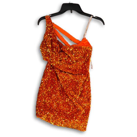 NWT Womens Orange Sequin One Shoulder Back Zip Short Bodycon Dress Size 2 image number 1