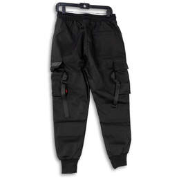 Mens Black Elastic Waist Cargo Pockets Tapered Leg Jogger Pants Size Medium alternative image
