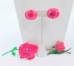 Vintage Pink & Green Enamel Rhinestone Accent Mod Flower Clip-On Earrings & Brooches 49.7g
