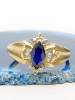 Vintage 10K Yellow Gold Marquise Sapphire Diamond Accent Ridged Ring 3.4g