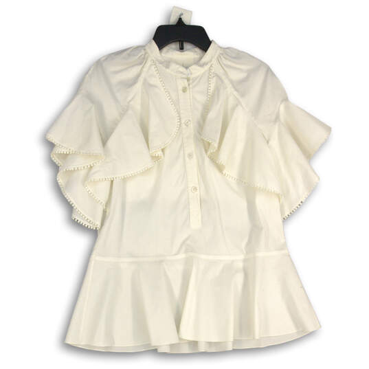 Womens White Flutter Sleeve Half Button Peplum Hem Blouse Top Size 6 image number 1