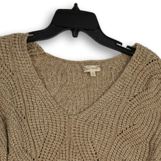 Womens Beige Braided Long Sleeve V Neck Knitted Pullover Sweater Size Small image number 3