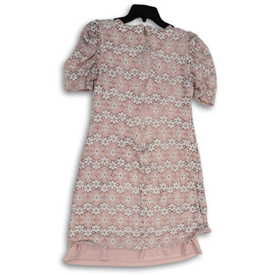 Womens Pink Floral Lace Short Sleeve Round Neck Back Zip Shift Dress Size 6 image number 2