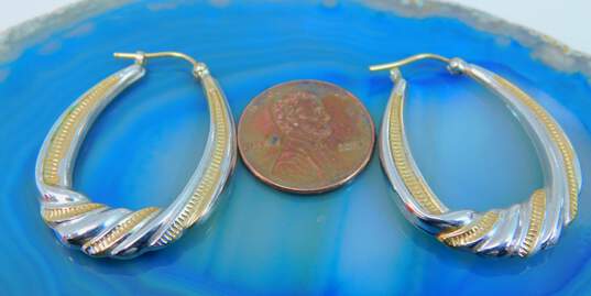 14K Two Tone Yellow & White Gold Textured Oblong Hoop Earrings 3.0g image number 6
