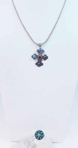 Vintage Sterling Silver Mexican Modernist Turquoise Lapis Onyx Ring & Cross Pedant Necklace 19.1g