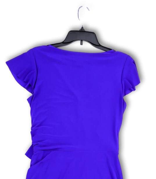 Womens Purple Flutter Sleeve Side Ruched Ruffle V-Neck Wrap Dress Size 8 image number 4