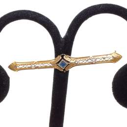 Vintage 14K Yellow Gold Seed Pearl Accent Blue Topaz Filigree Brooch
