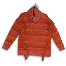 Womens Orange Striped Fringe Marled Turtle Neck Pullover Sweater Size M