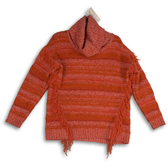 Womens Orange Striped Fringe Marled Turtle Neck Pullover Sweater Size M image number 1