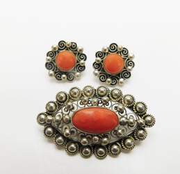 VNTG 900 Silver Coral Cabochon Brooch & Screw Back Earrings 16.2g