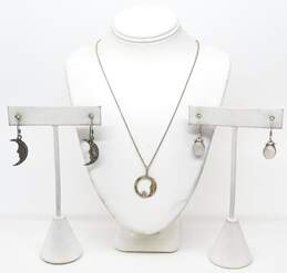 Ethereal 925 Moon Pendant Necklace & Marcasite Crescent & Rose Quartz Earrings