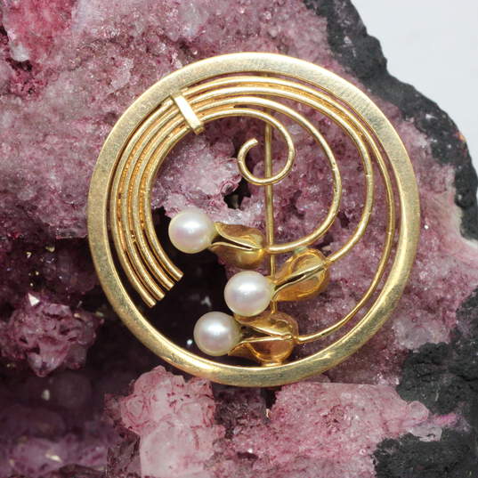 14K Yellow Gold Pearl Brooch - 6.4g image number 1