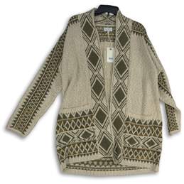 NWT Lucky Brand Womens Green Tan Allover Jacquard Knit Cardigan Sweater Sz L/XL