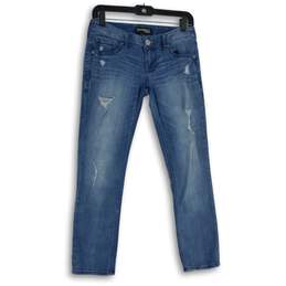 Express Womens Blue Denim Medium Wash Distressed Skinny Jeans Size 0