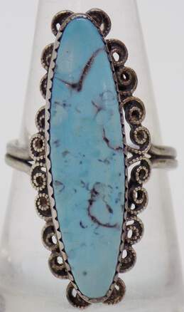 Artisan 925 Southwestern Faux Turquoise Cabochon Open Scrolled Long Ring 5.9g