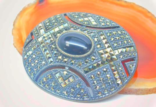 Judith Jack 925 Onyx Cabochon & Marcasite Art Deco Dome Oval Brooch 22.3g image number 2