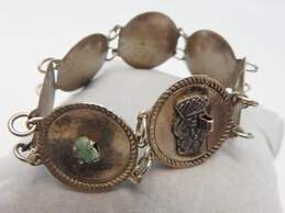 Vintage 900 Silver Emerald & Aztec Figural Concave Discs Linked Bracelet
