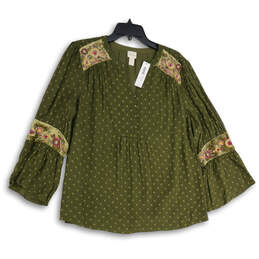 NWT Womens Green Floral Pleated Split Neck Bell Sleeve Blouse Top Size 1 alternative image