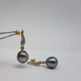 14k Gold Dark FW Pearl Diamond Dangle Earrings 3.9g