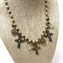 Designer Brighton Gold-Tone Chain Pearl Adjustable Cross Charm Necklace