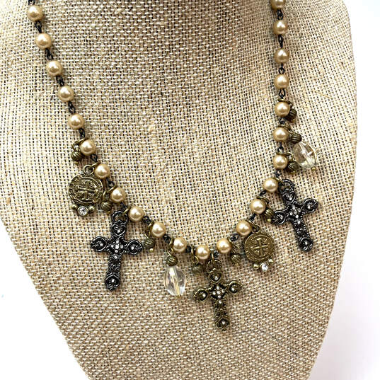 Designer Brighton Gold-Tone Chain Pearl Adjustable Cross Charm Necklace image number 1