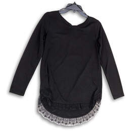 Womens Black Round Neck Long Sleeve Lace Hem Blouse Top Size Small