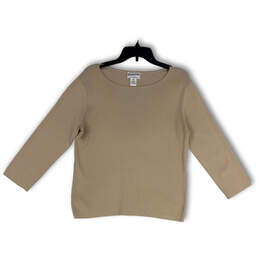Womens Tan Round Neck Long Sleeve Regular Fit Pullover T-Shirt Size Large