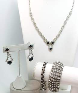 Vintage Clear & Black Icy Rhinestone Silver Tone Necklace Bracelets & Screw Back Earrings 68.6g
