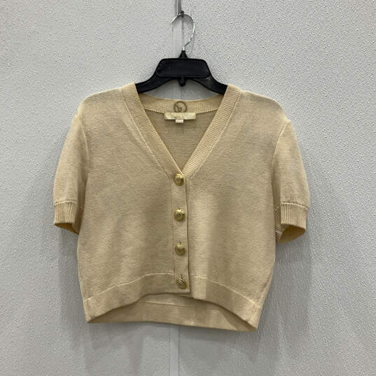 Womens Beige Knit Short Sleeve V-Neck Button Front Cardigan Sweater Size 8 image number 1
