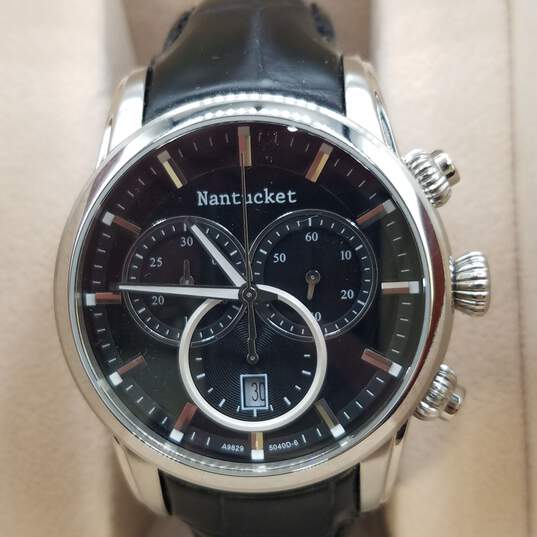 Nantucket 42mm Case A9829-5040D-6 Men's Chronograph Black leather band quartz Watch in wooden Case image number 1