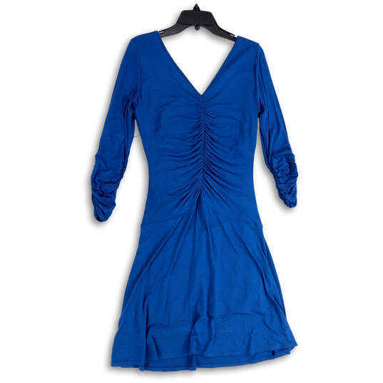 Womens Blue V-Neck Long Sleeve Ruched Knee Length Fit and Flare Dress Sz 12 image number 1
