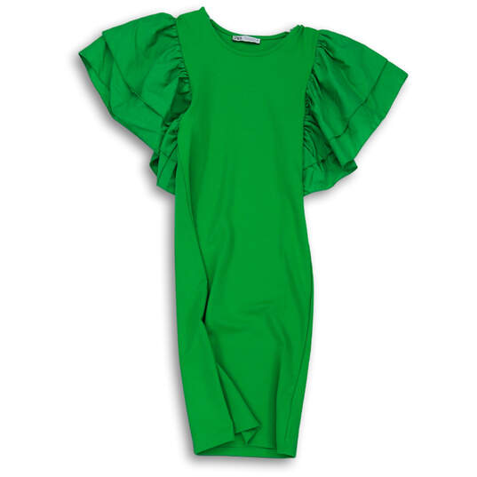 Womens Green Ruffled Short Sleeve Round Neck Poplin Mini Dress Size Small image number 1