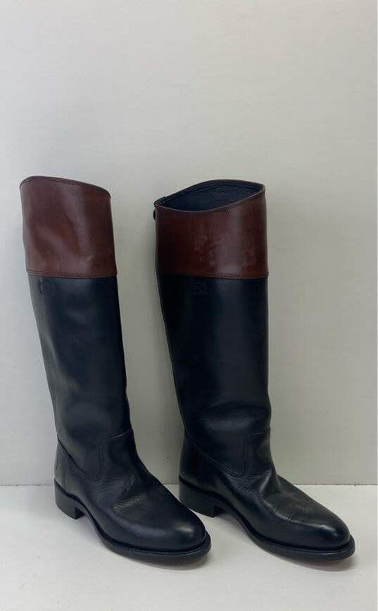 FRYE Black Brown Leather Riding Pull On Tall Knee Boots Shoes Size 6.5 M image number 3