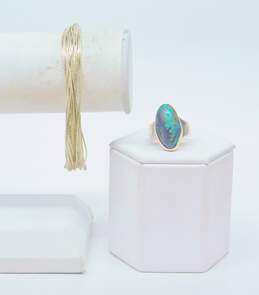 Artisan 925 Southwestern Turquoise Nugget Oval Tapered Ring & Multi Strand Liquid Silver Bracelet 18.4g