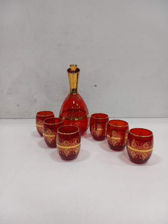 7PC Mitchell Venezia (2000) Red & Gold Decanter & Glasses Set image number 1