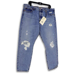 NWT Womens Blue Denim Medium Wash Pockets Distressed Straight Jeans Size 34
