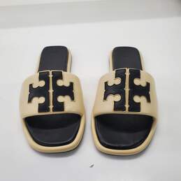 Tory Burch Women's Eleanor Off-White/Black Leather Slide Sandals Size 10