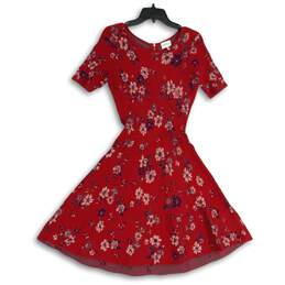 Milly Womens Red Floral Round Neck Short Sleeve Back Zip Fit & Flare Dress Sz P