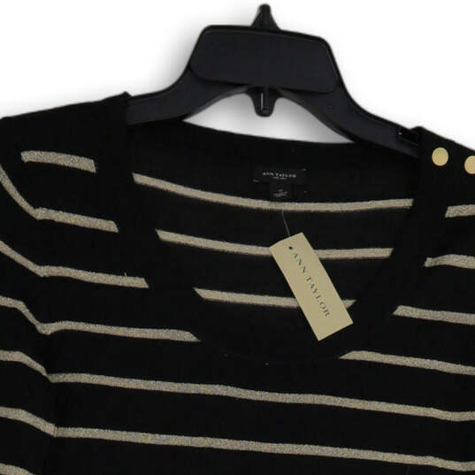NWT Womens Black Gold Striped Knitted V-Neck Pullover Sweater Size S image number 3
