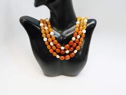 Artisan 925 Red & Orange Carnelian & White Pearls Graduated Beaded Multi Chain Toggle Necklace 114.9g