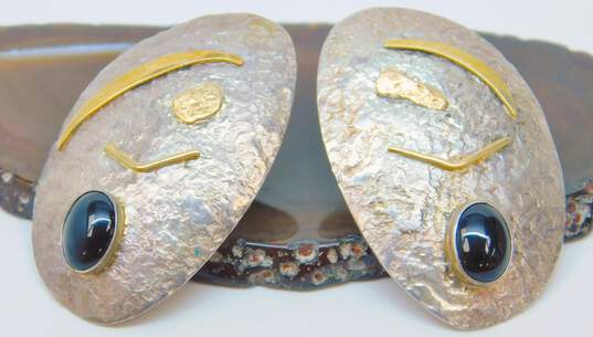 Artisan 925 Sterling Silver & 14K Yellow Gold Onyx Accent Hammered Statement Earrings 12.8g image number 1