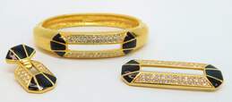 Vintage SAL Swarovski Icy Crystal Black Enamel & Gold Tone Drop Earring Brooch & Hinged Bangle Bracelet 64.1g