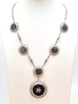 Vintage Taxco Mexico Jalisco 925 Etched Star & Filigree Faux Hematite Scalloped Circle Pendants Bar Linked Necklace & Matching Brooch Set 39.8g alternative image