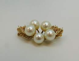 Vintage 14K Yellow Gold Pearl Floral Brooch 6.5g