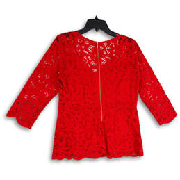 Womens Red Lace V-Neck Long Sleeve Back Zip Scalloped Hem Blouse Top Size M alternative image