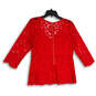 Womens Red Lace V-Neck Long Sleeve Back Zip Scalloped Hem Blouse Top Size M image number 2