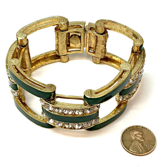 Designer J. Crew Gold-Tone Green Enamel Rhinestone Wide Bangle Bracelet image number 4