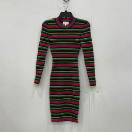 Womens Multicolor Striped Long Sleeve Knitted Crew Neck Sweater Dress Size P