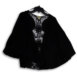 Womens Black Floral Crochet Back Open Front Cardigan Size PL